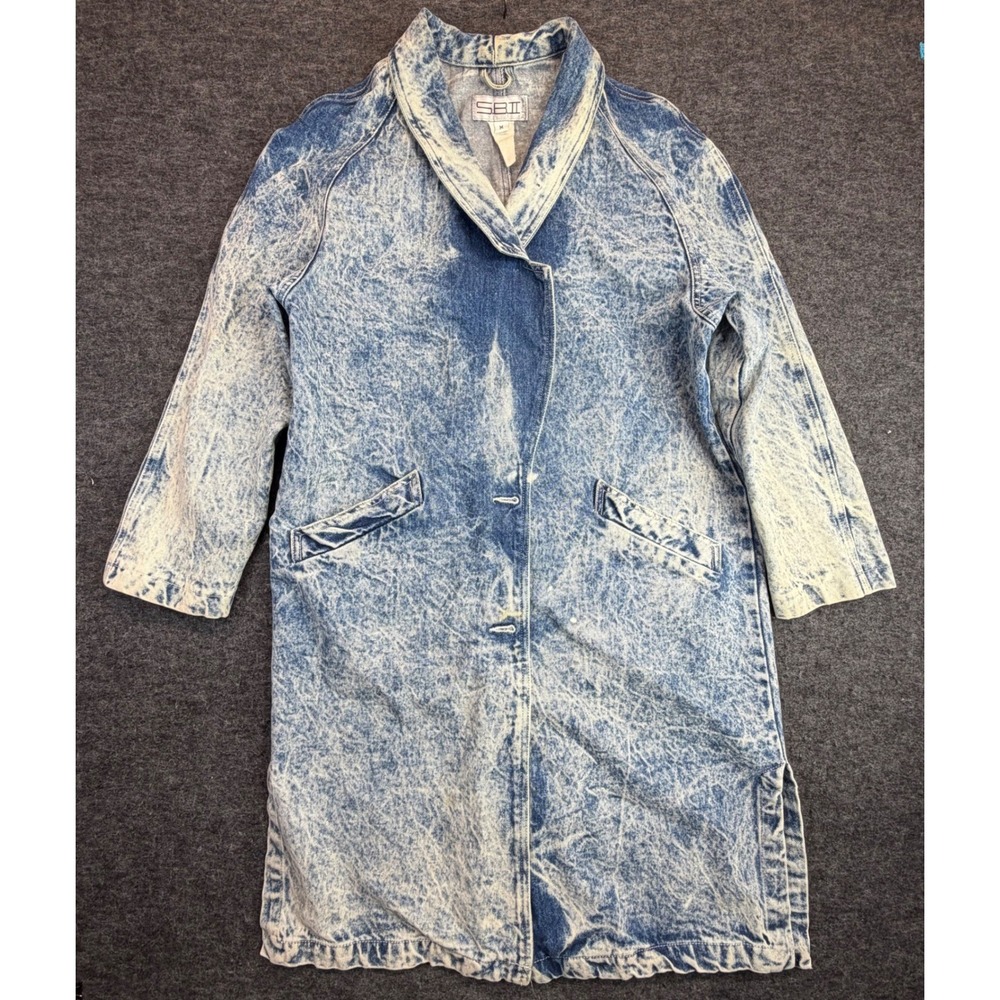 Vintage SBII Acid Wash Denim Duster Coat Womens M Blue Grunge Long Jacket READ